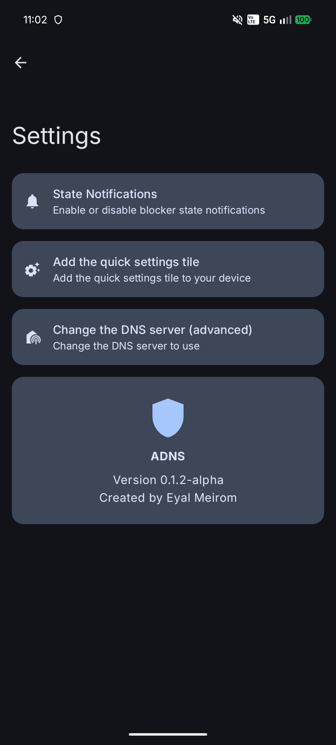 ADNS settings screen