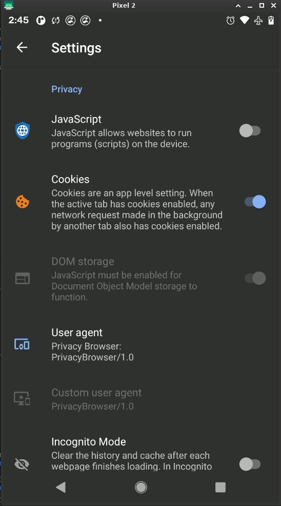 Settings Disable Javascript