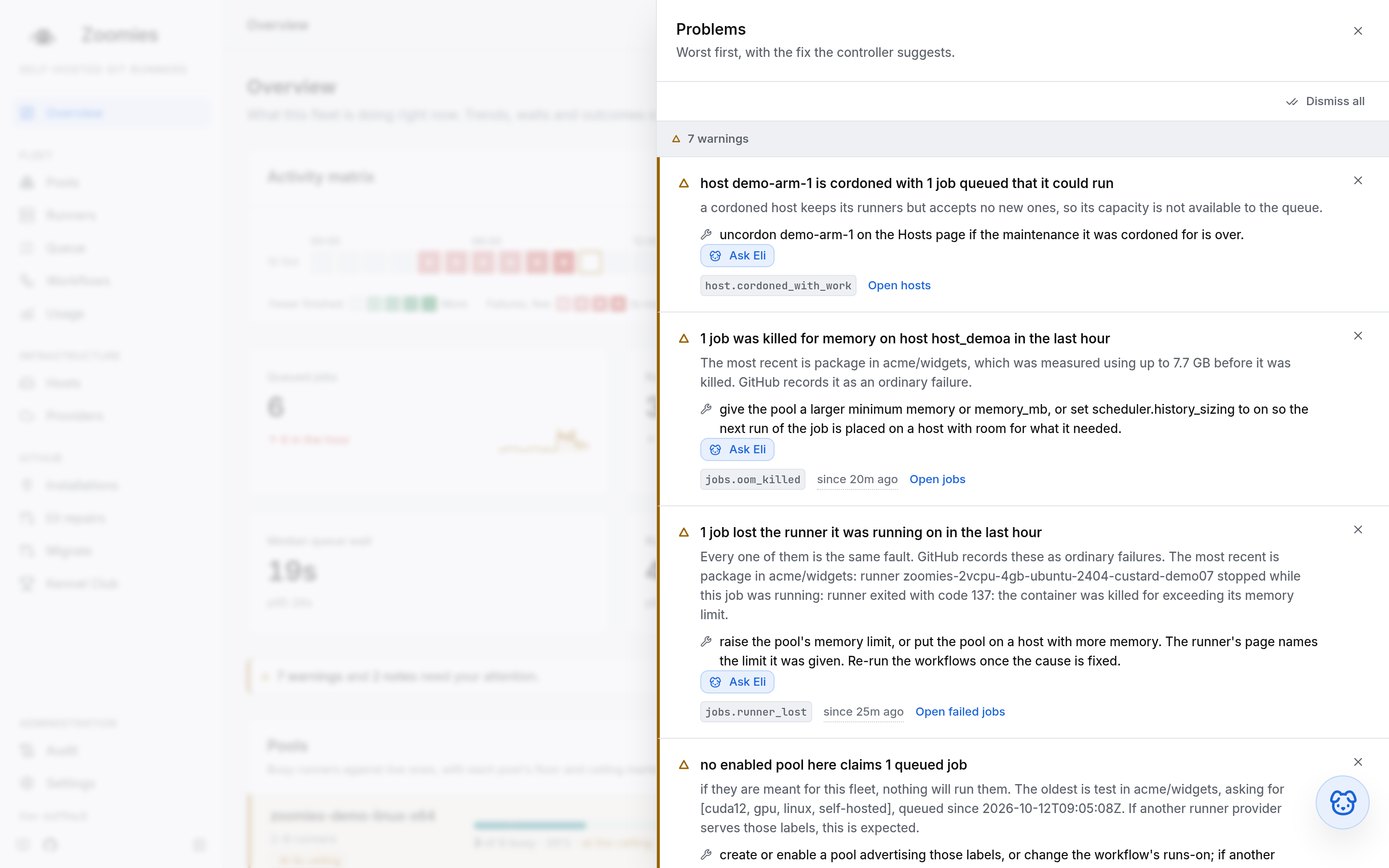 The problems drawer open over the Overview, each entry saying what is true, why it matters and what to change