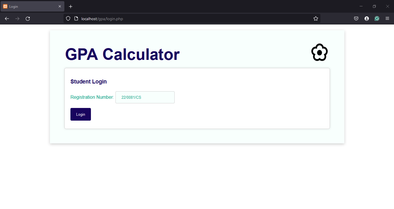 The login feature for the gpa calculator