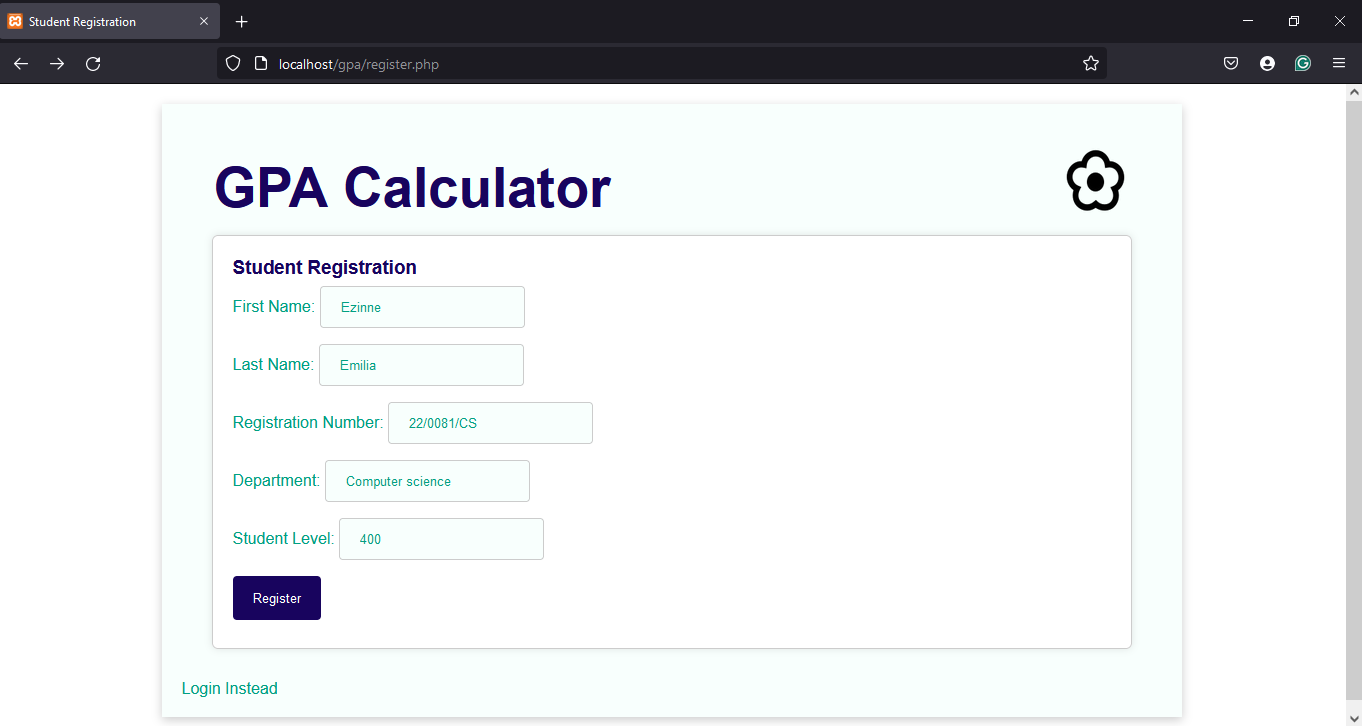 The registration feature for the gpa calculator