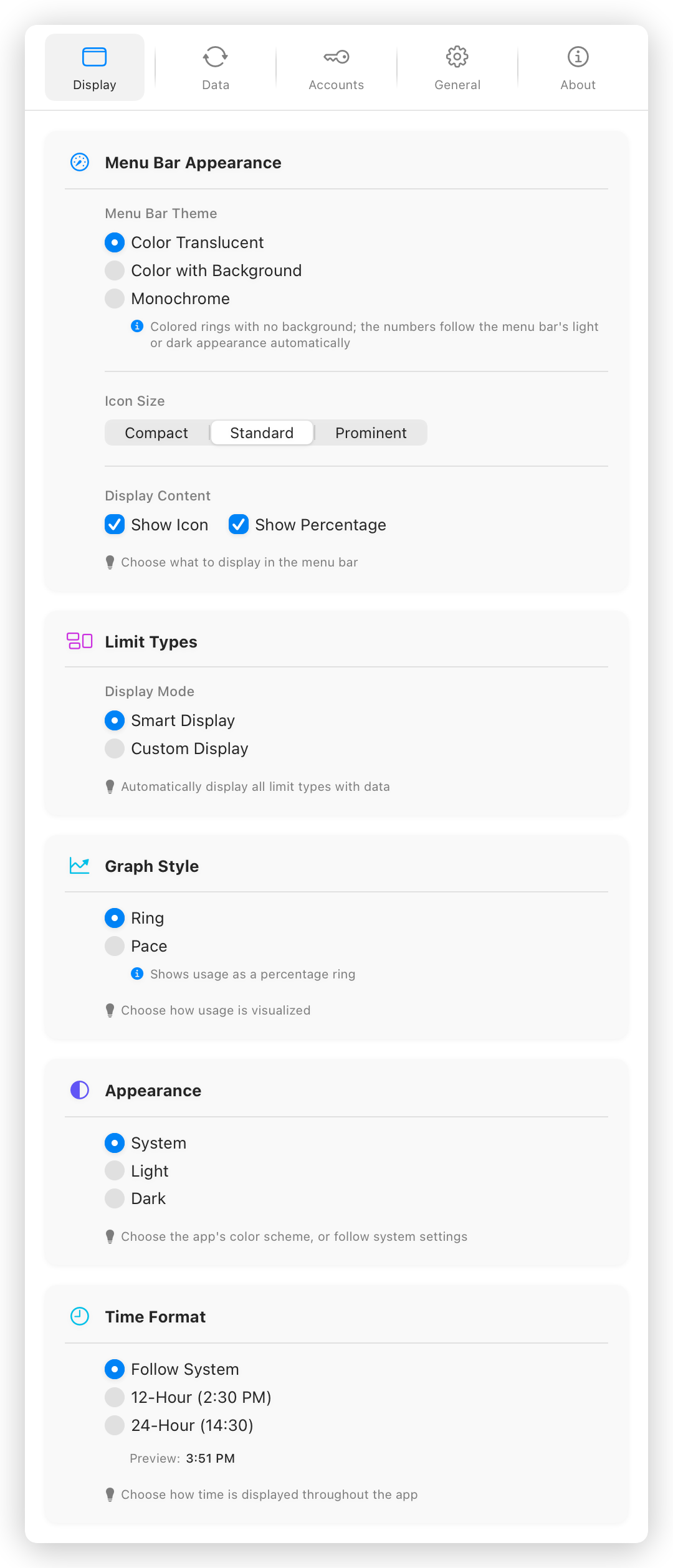 The Display tab of the Settings window