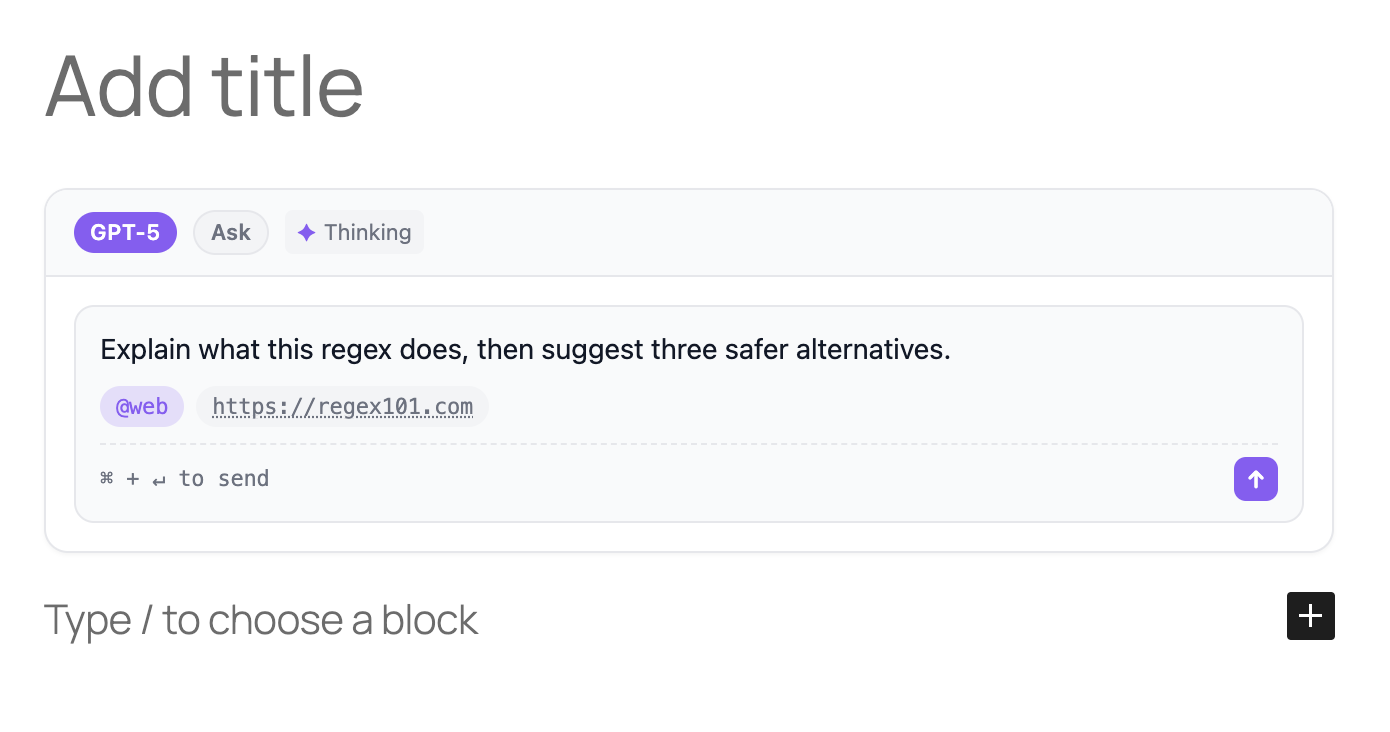 A simple AI Prompt block — GPT-5 in Ask mode with a web mention and a URL