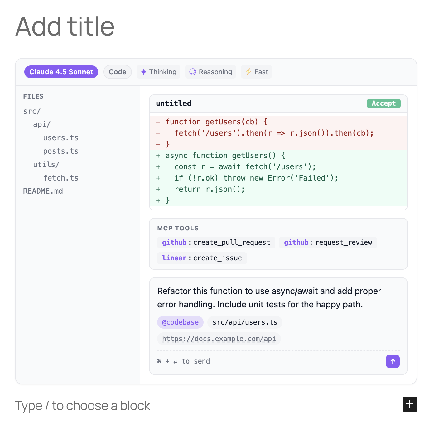 AI Prompt block — Claude 4.5 Sonnet in Code mode with a file tree, diff view, and MCP tools