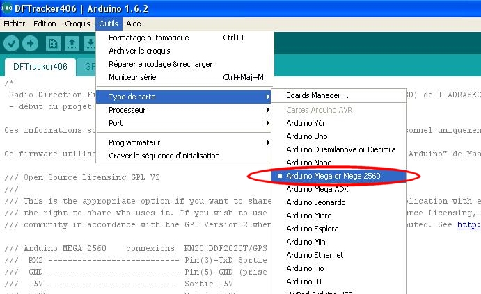 Sélection de la carte Arduino MEGA