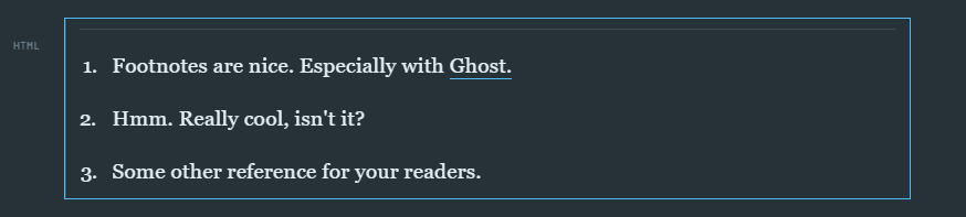 footnote section rendered inside the Ghost editor