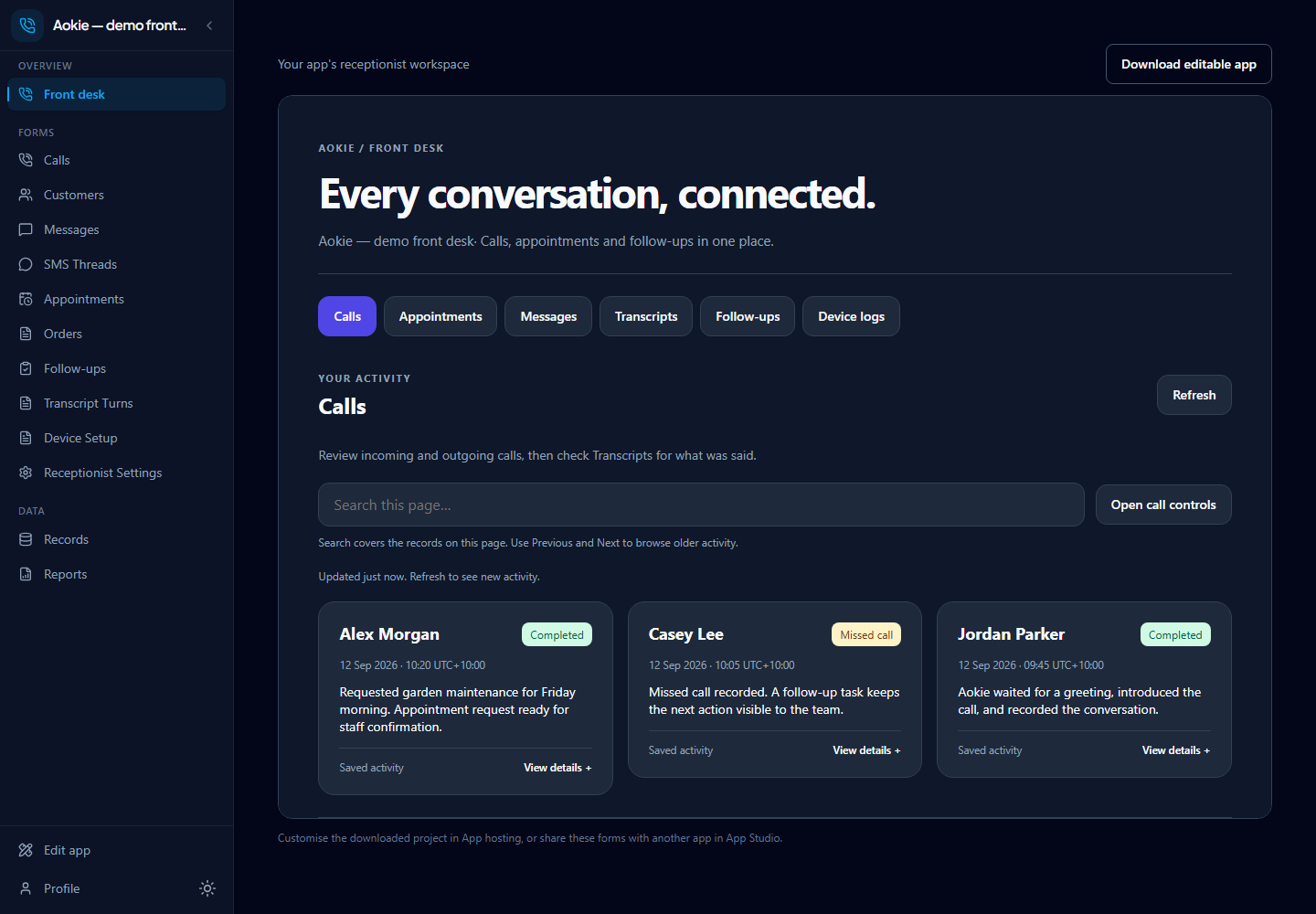The hosted Aokie front desk in FormLogic showing fictional calls and appointment requests