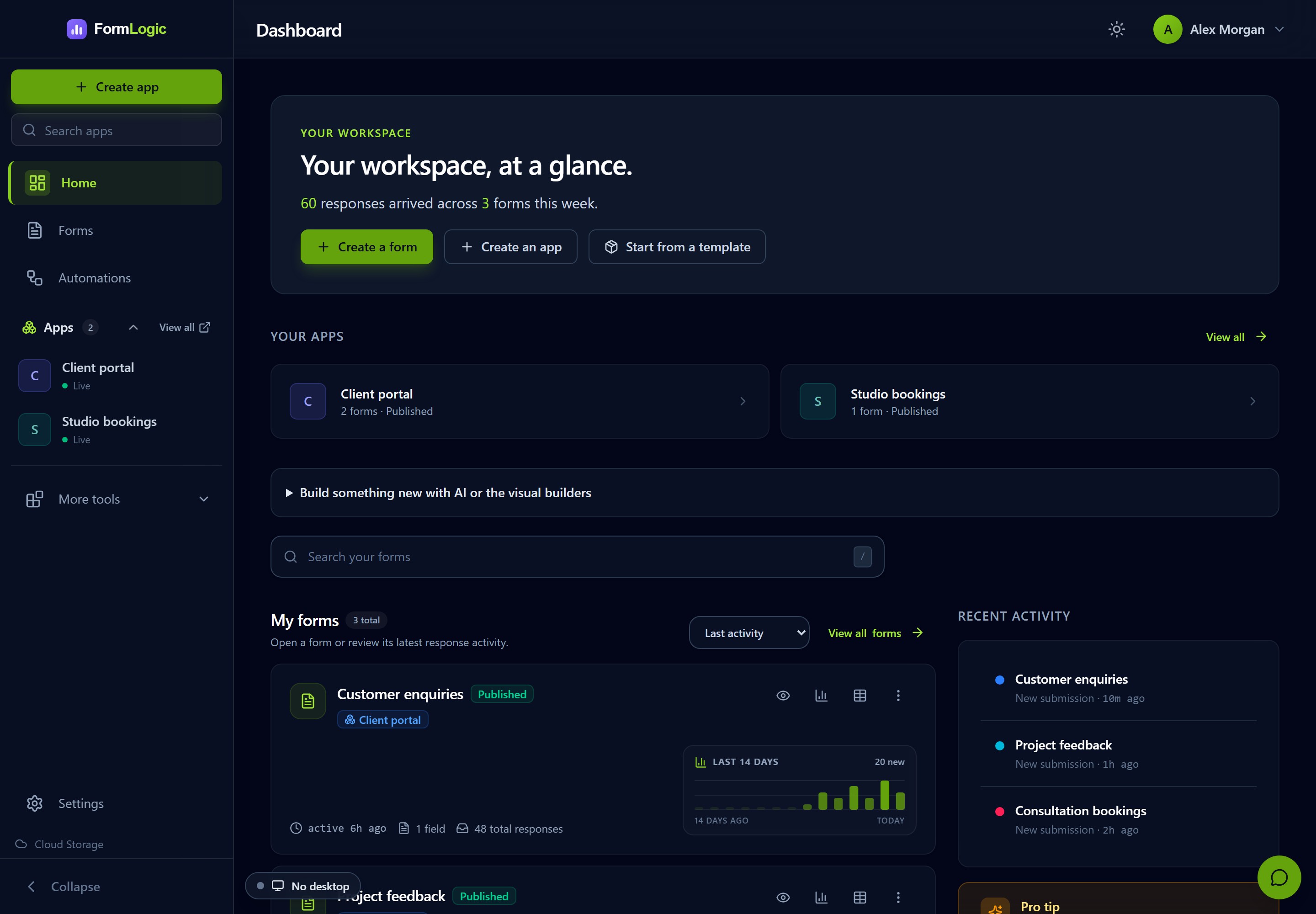FormLogic dashboard showing apps, forms and recent activity