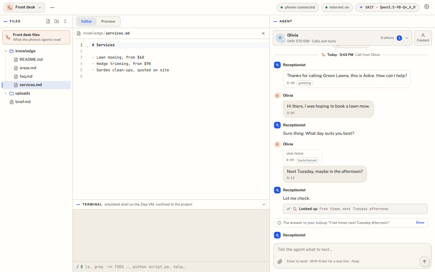 A phone call's transcript in the Agent: the greeting, the caller, an acknowledgement, and a lookup of free times
