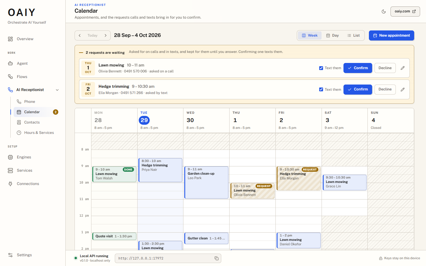 The Calendar's week with two requests waiting to be confirmed