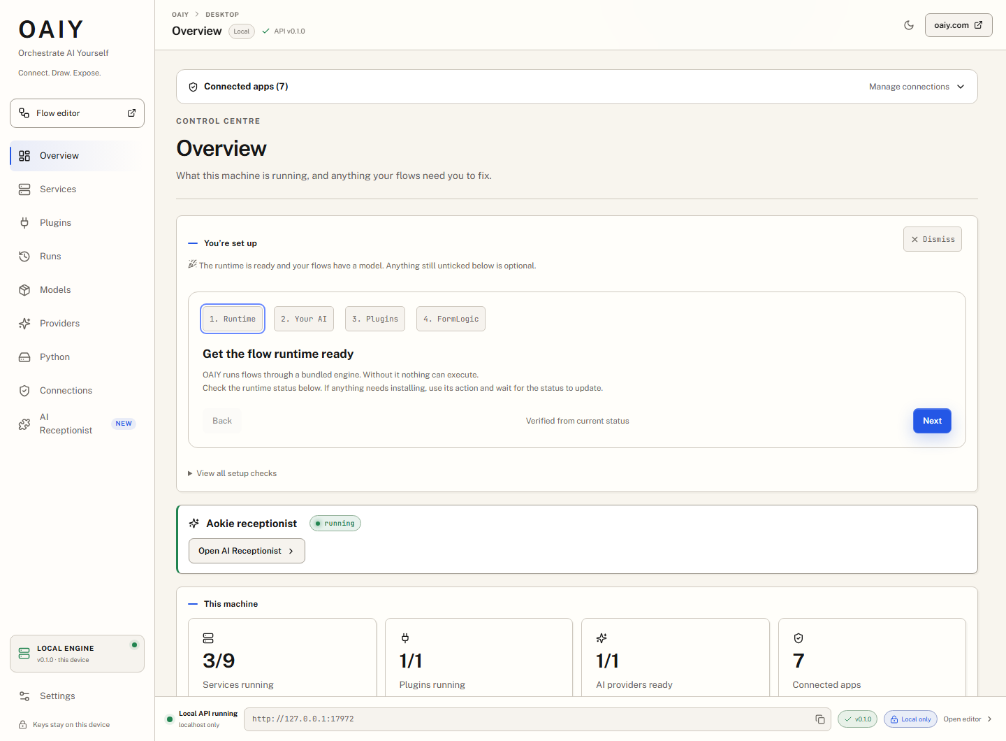 OAIY Desktop overview with the setup guide, a running Aokie plugin and local runtime status