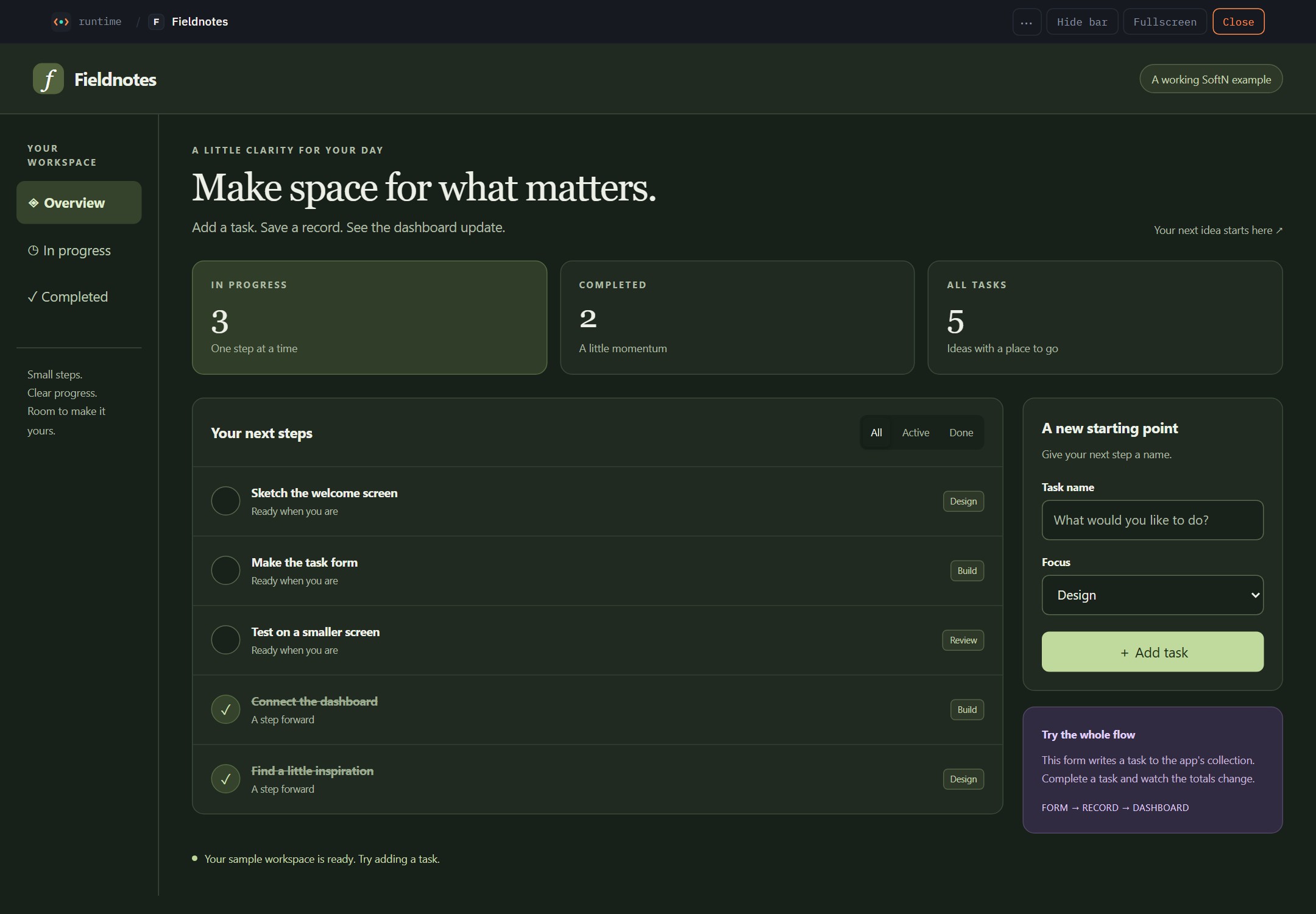The same Fieldnotes app running in SoftN Runtime with its dark palette, task list and form
