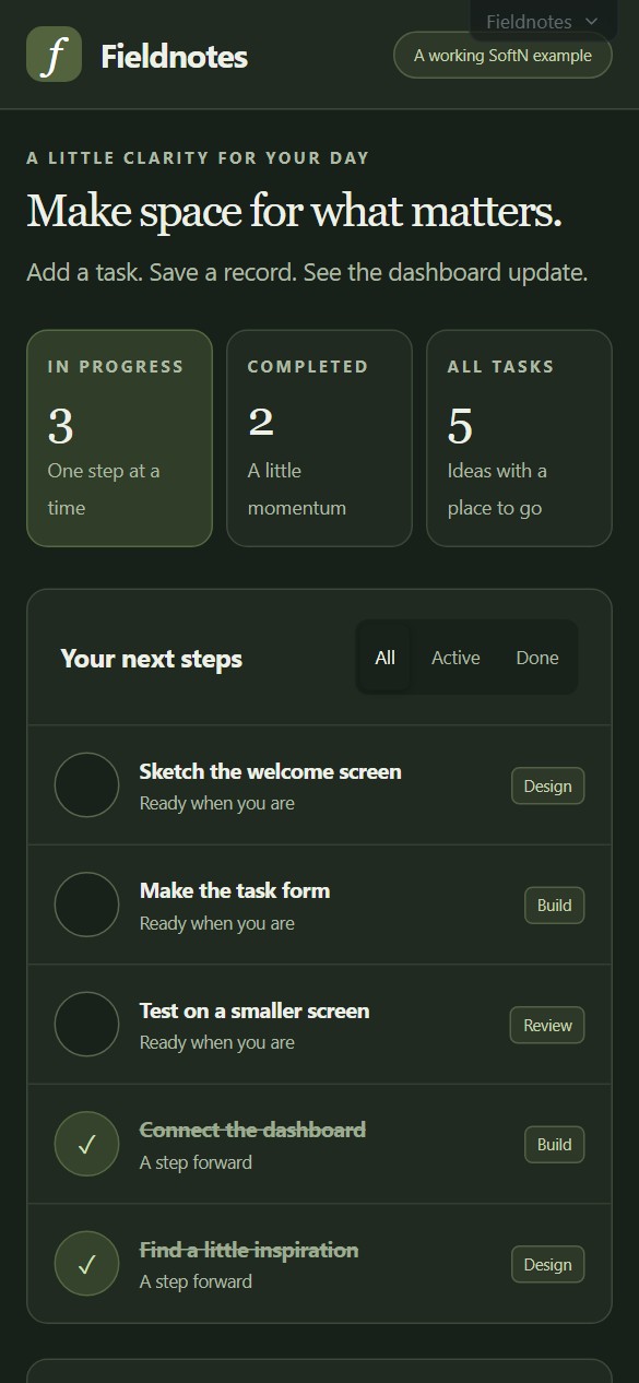 Fieldnotes running on a phone-sized screen in dark mode, with its task dashboard and responsive navigation