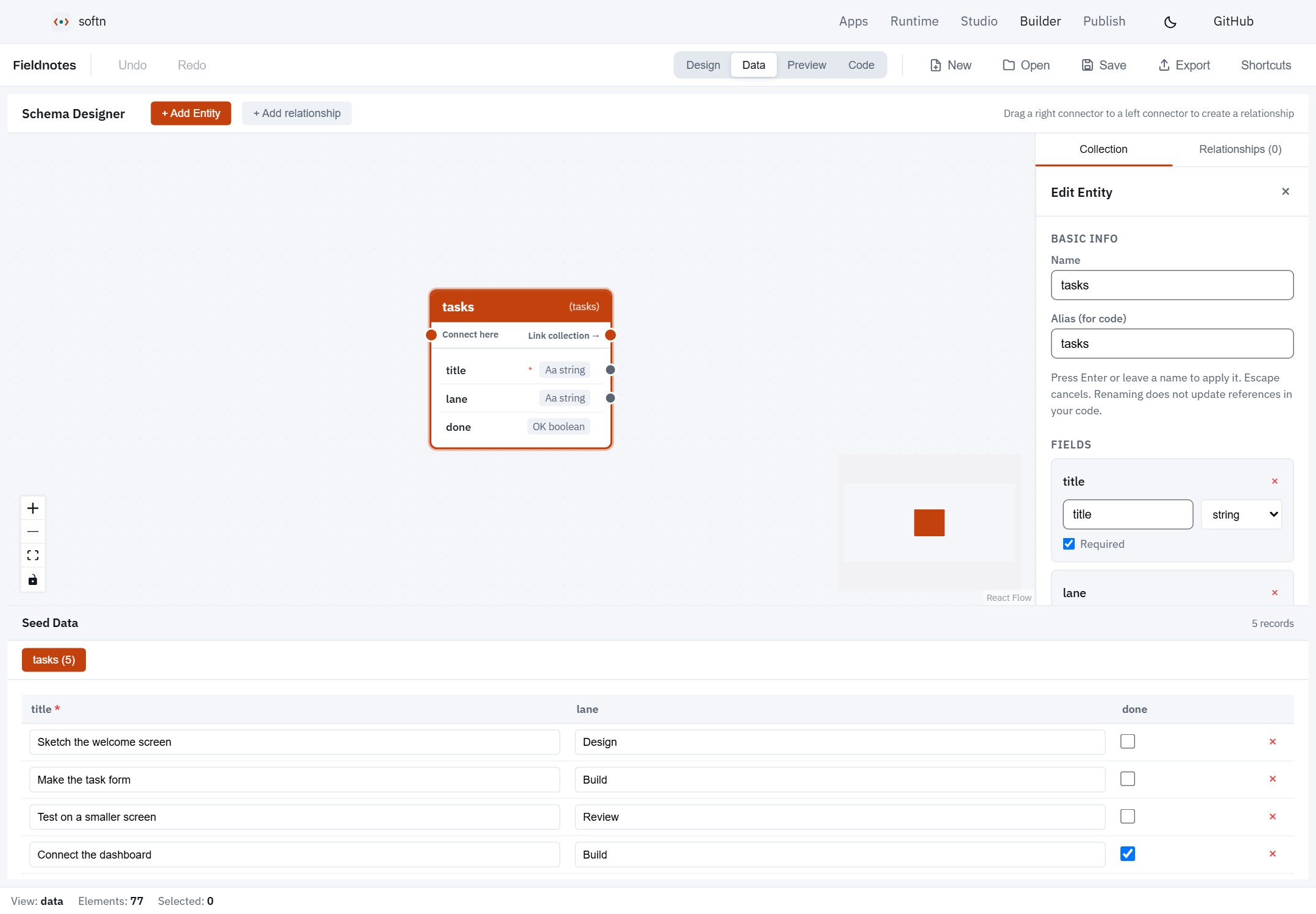 SoftN Builder Data view showing Fieldnotes task fields and sample records