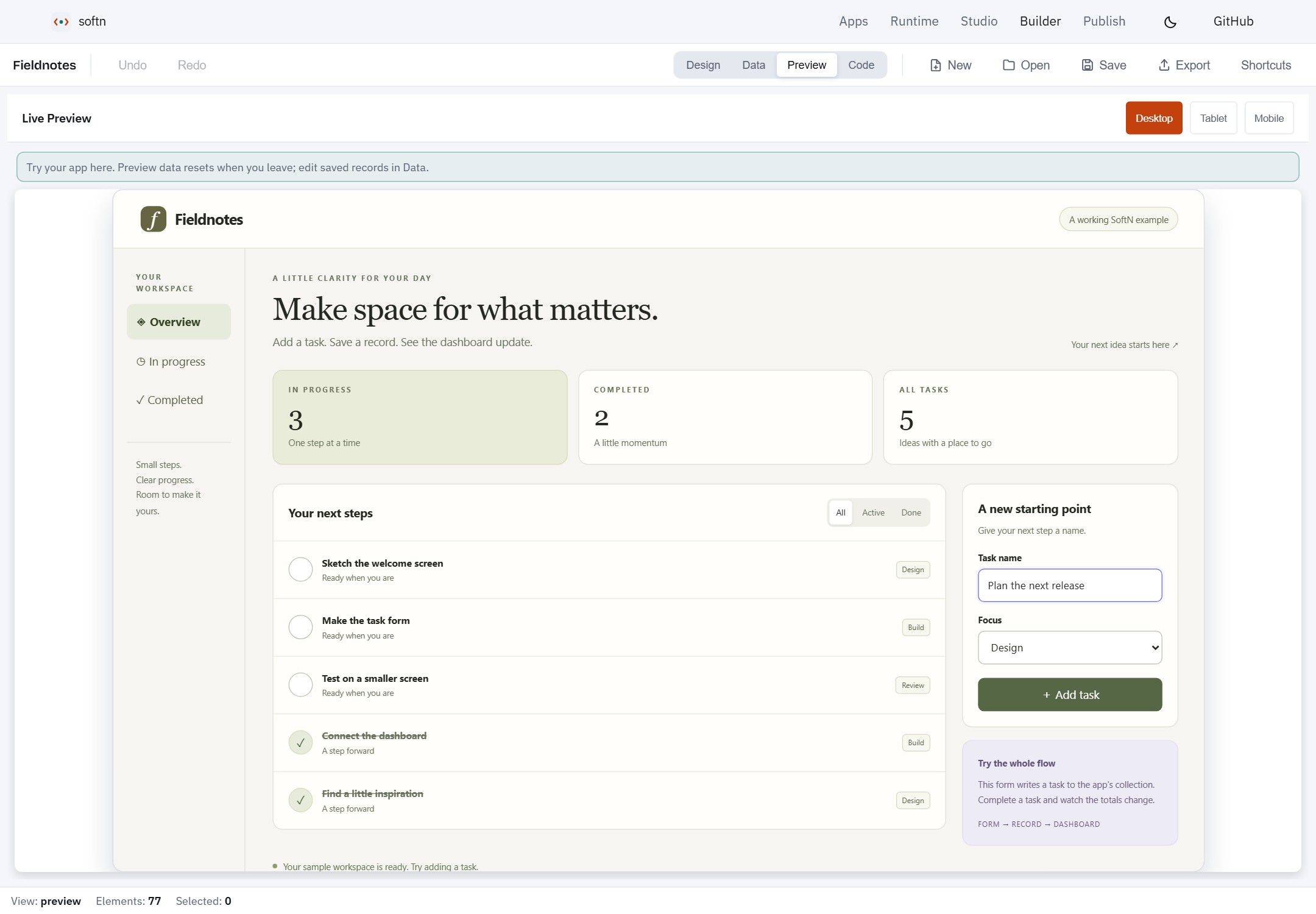 SoftN Builder running the Fieldnotes example app with a live preview