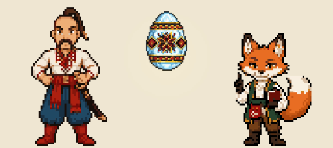 Pixel-art Aeneas, the Crystal Pysanka and Mykyta the Fox