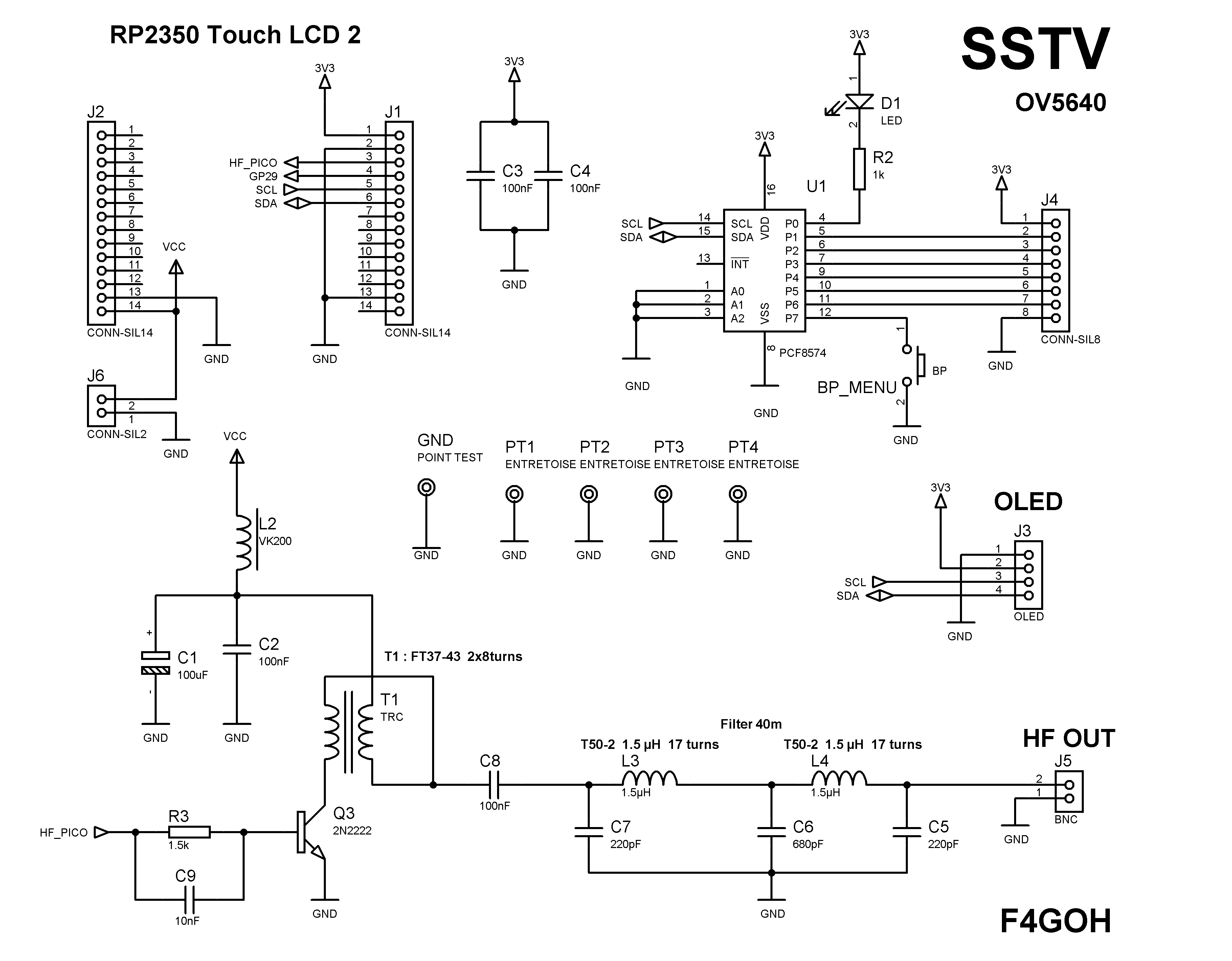 Schéma électronique SSTV PICO avec RP2350, PCF8574, amplificateur 2N2222 et filtre passe-bas 40 m