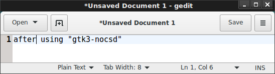 Screenshot of gedit with CSDs disabled by gtk3-nocsd