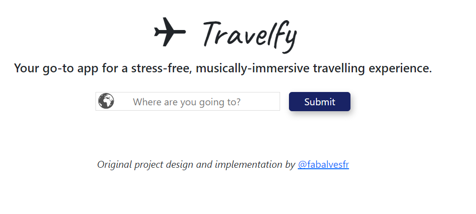 Travelfy home page in its initial state