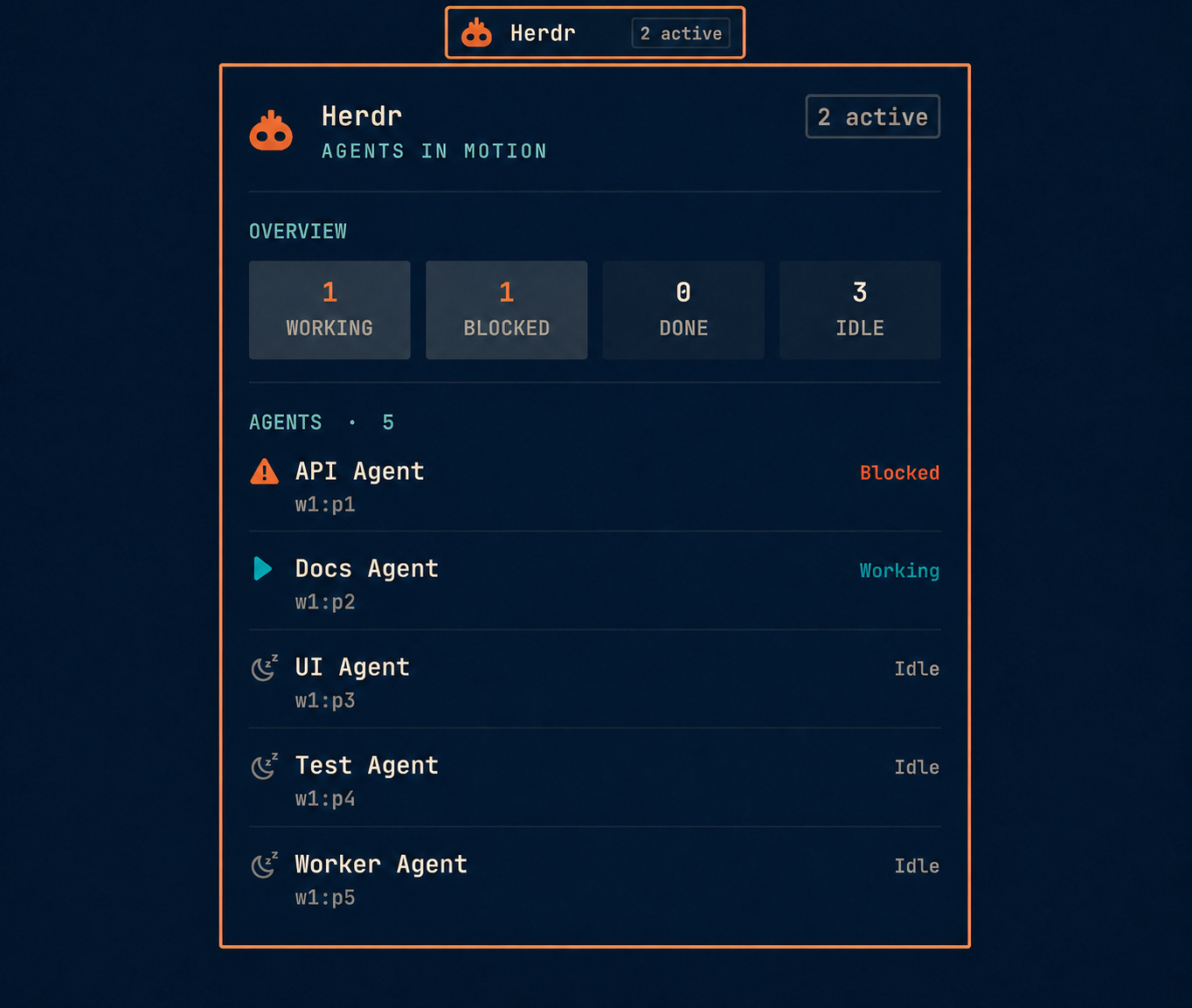 Herdr agent activity panel in the Omarchy bar