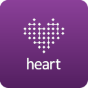 Violet square with rounded corners, featuring a heart in the form of a cloud of dots. Some of the dots are interconnected