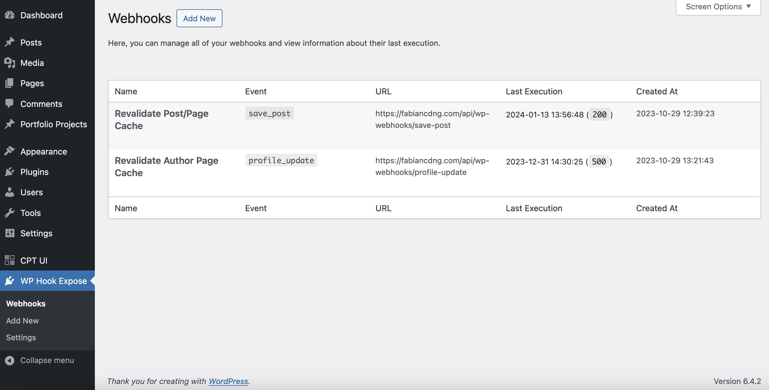 Webhook List Table Screenshot