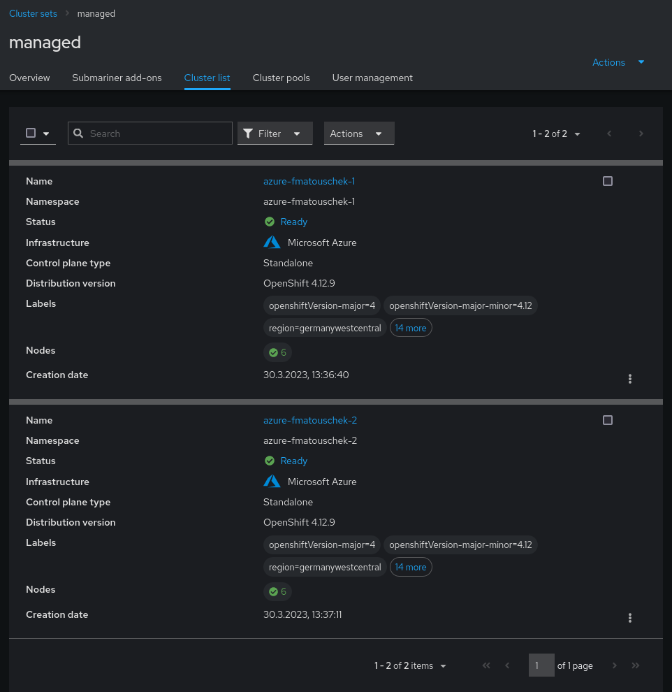 Managed cluster list