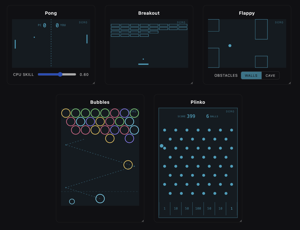 spinner-games preview — Pong, Breakout, Bubbles and Flappy mini-games