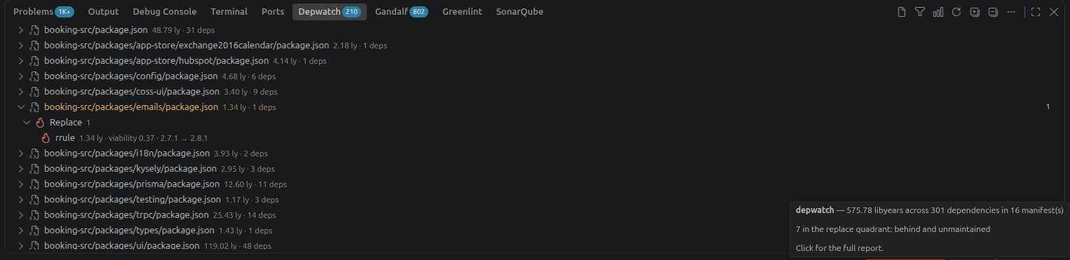 The depwatch panel listing each package.json with its drift and dependency count, one expanded to show a dependency in the replace quadrant, and the status bar tooltip giving the workspace total