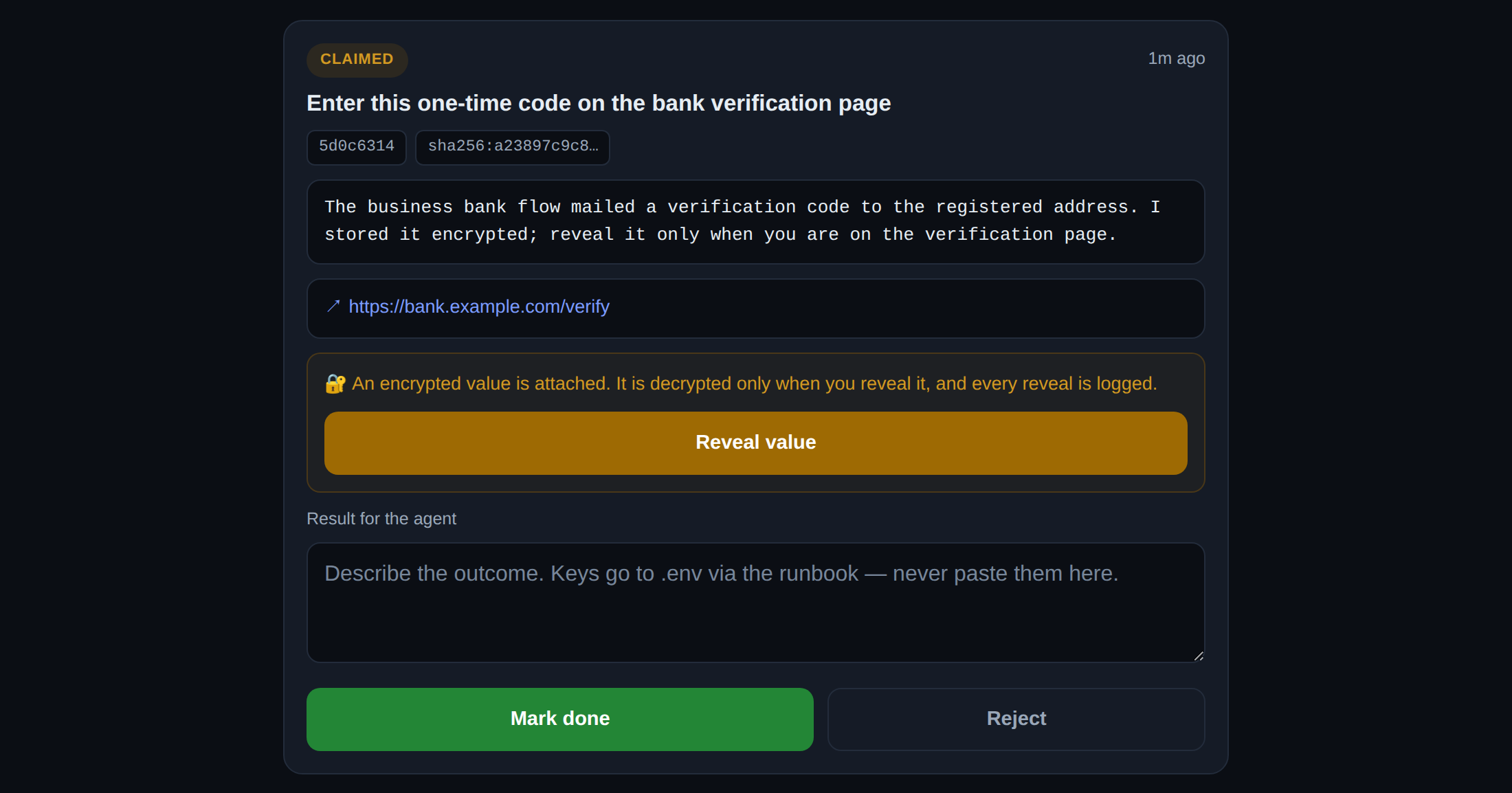The human portal: a claimed request carrying an encrypted one-time code, with the reveal button and result box