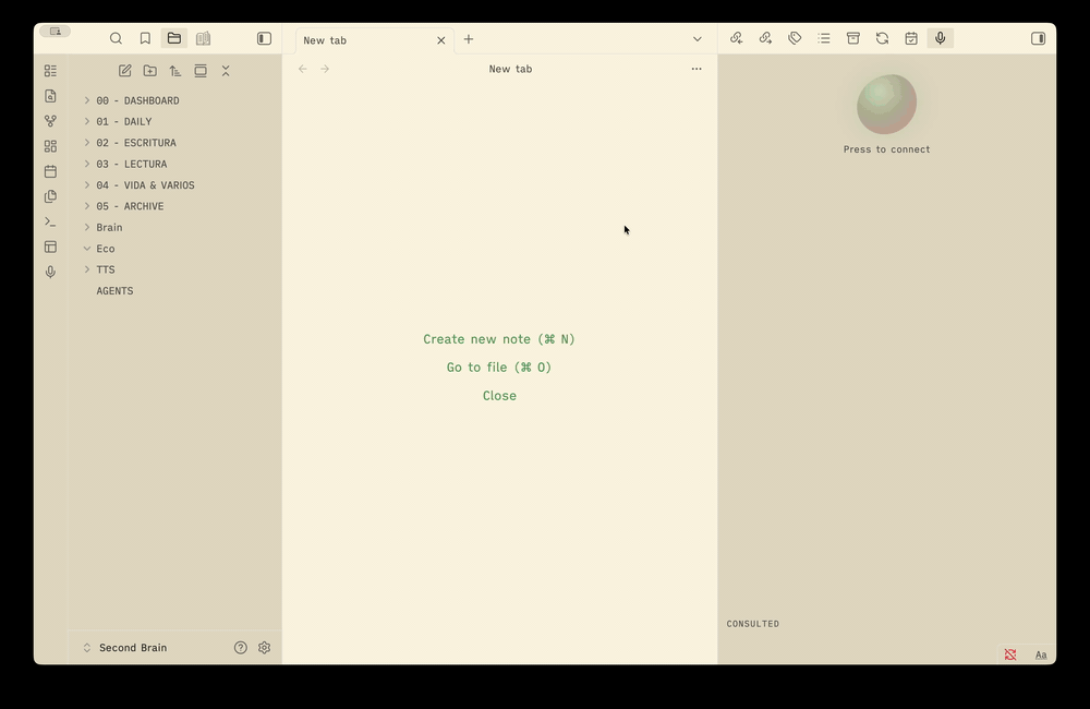 Talking to your notes by voice: the orb reacts while the transcript and consulted notes appear in the side panel