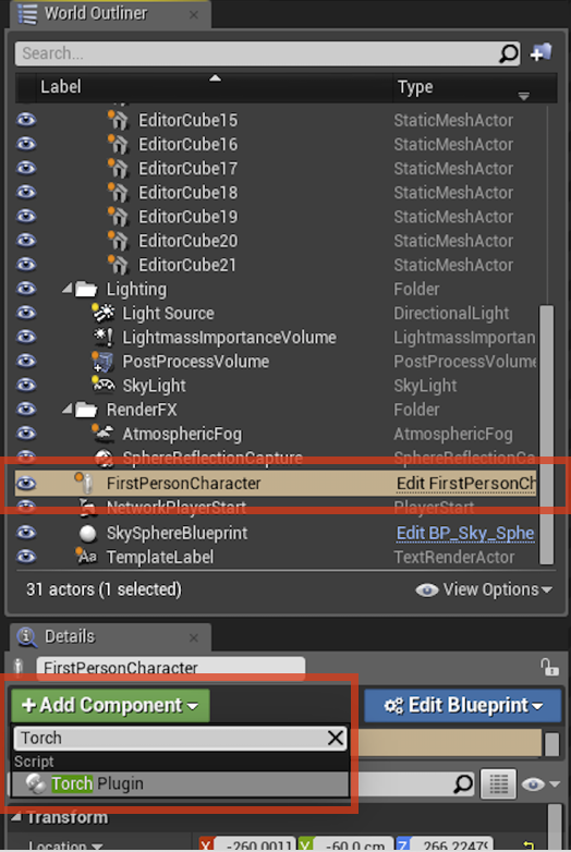 Add a Torch Plugin Component to FirstPersonCharacter