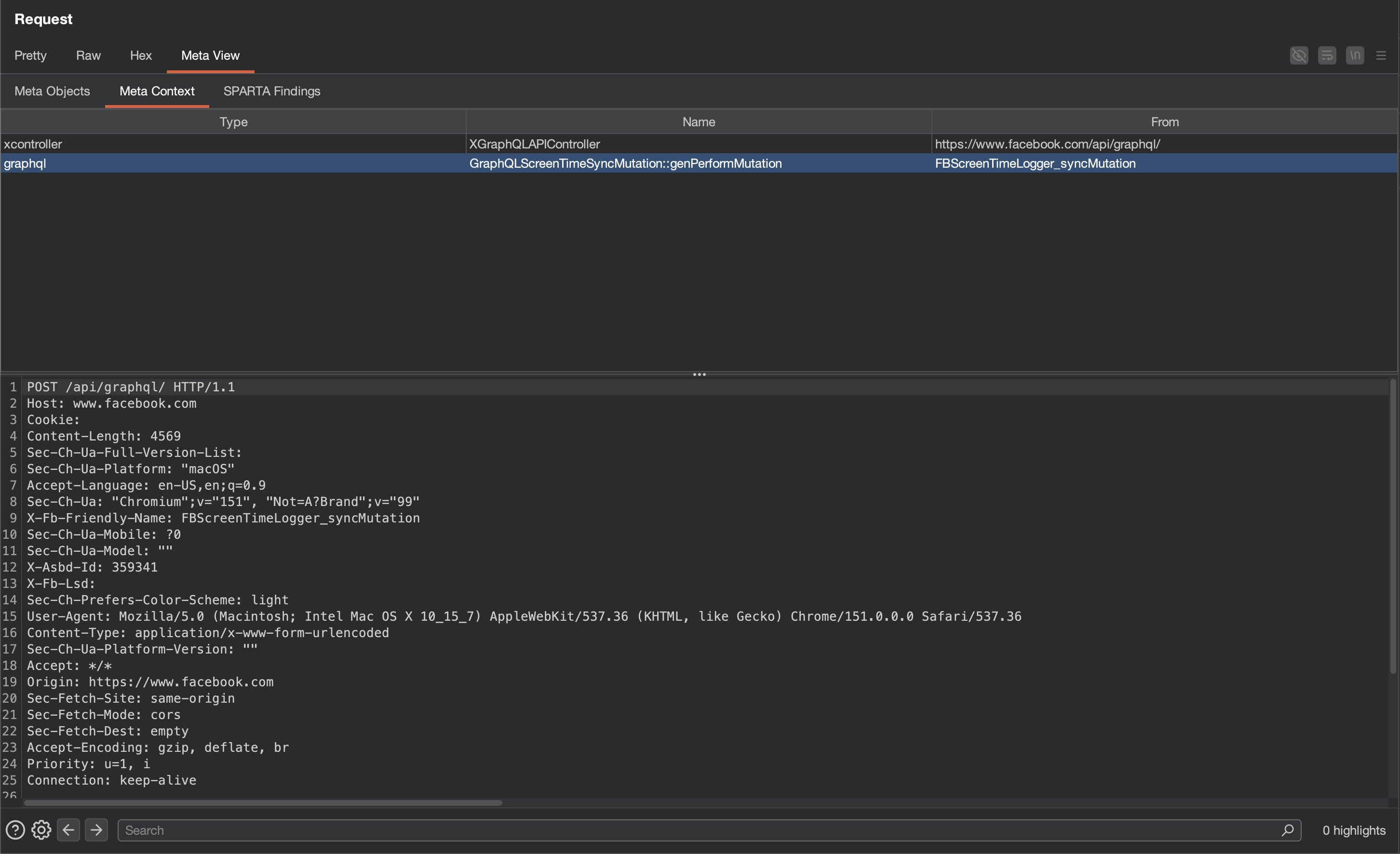 The Meta Context tab, resolving a GraphQL operation name to the resolver behind it