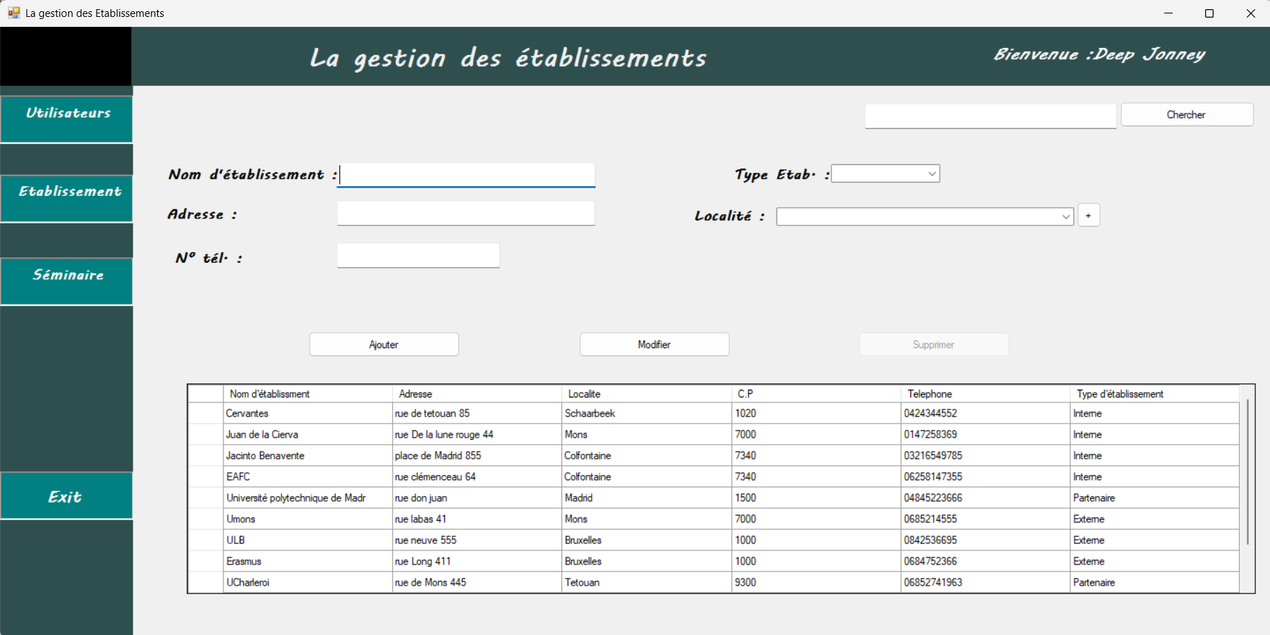 Gestion établissements