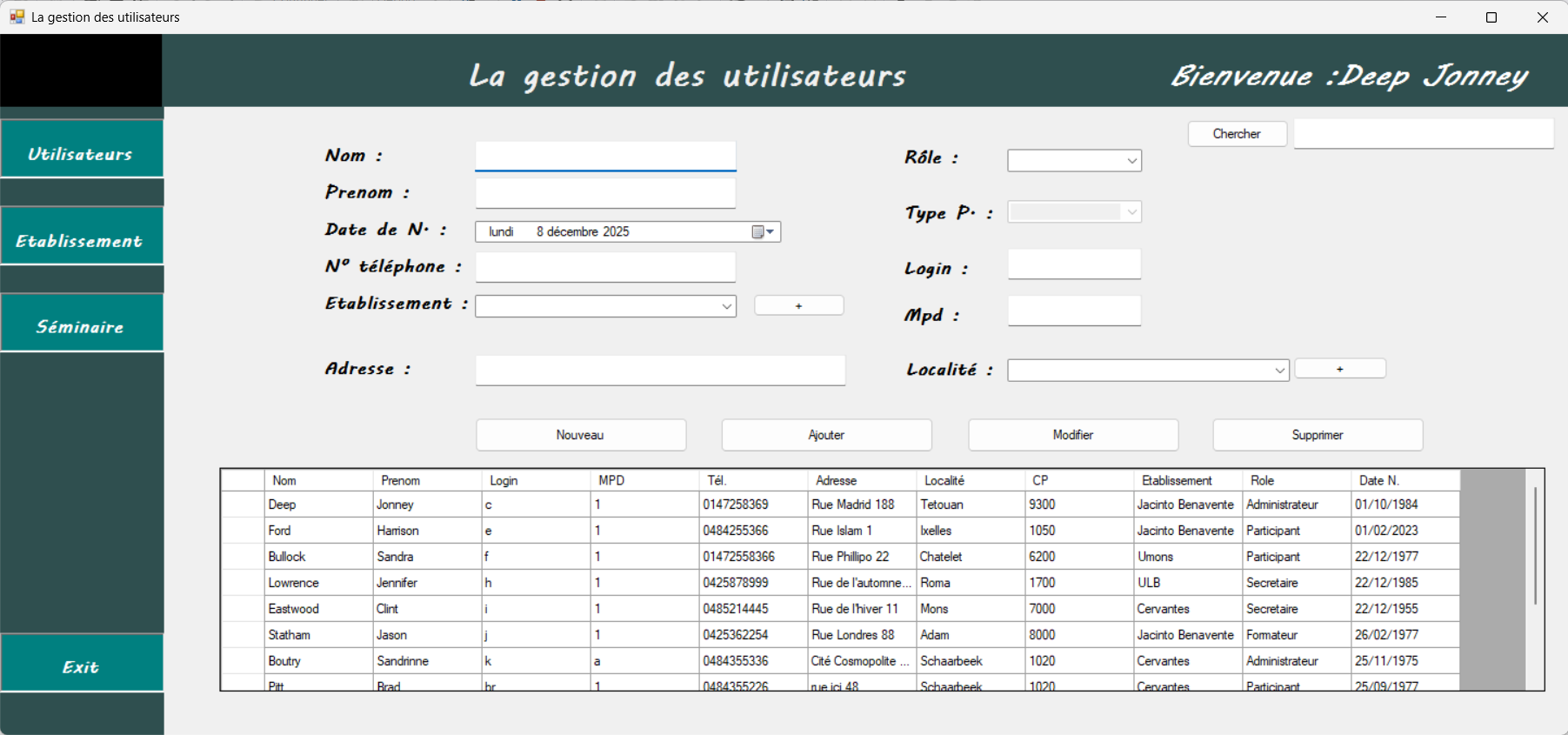 Gestion utilisateurs