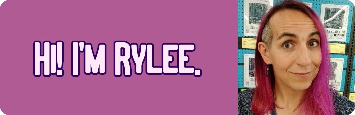 Banner that says 'Hi, I'm Rylee', along with an image of a purple-haired lady in the motherboards section at her local computer supply store