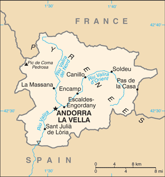 Andorra: CIA World Factbook map from 2021; original boundary notes preserved.