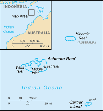 Ashmore and Cartier Islands: CIA World Factbook map from 2021; original boundary notes preserved.