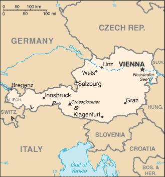 Austria: CIA World Factbook map from 2021; original boundary notes preserved.