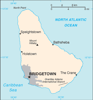 Barbados: CIA World Factbook map from 2021; original boundary notes preserved.