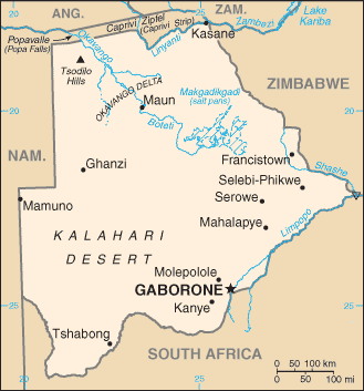 Botswana: CIA World Factbook map from 2021; original boundary notes preserved.