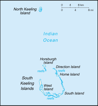 Cocos (Keeling) Islands: CIA World Factbook map from 2021; original boundary notes preserved.