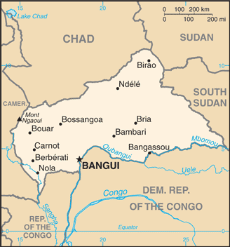 Central African Republic: CIA World Factbook map from 2021; original boundary notes preserved.