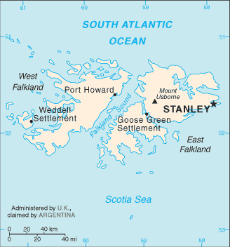 Falkland Islands (Islas Malvinas): CIA World Factbook map from 2021; original boundary notes preserved.