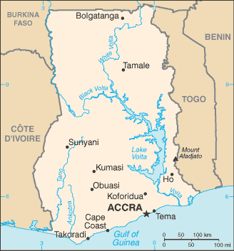 Ghana: CIA World Factbook map from 2021; original boundary notes preserved.