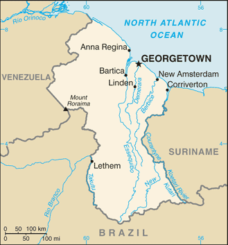 Guyana: CIA World Factbook map from 2021; original boundary notes preserved.