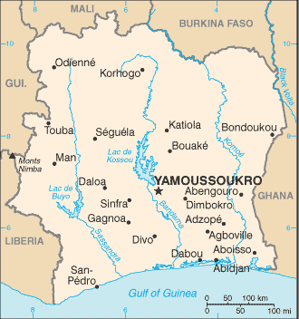 Cote d'Ivoire: CIA World Factbook map from 2021; original boundary notes preserved.
