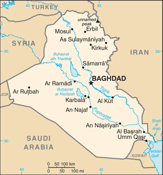 Iraq: CIA World Factbook map from 2021; original boundary notes preserved.