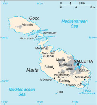 Malta: CIA World Factbook map from 2021; original boundary notes preserved.