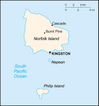 Norfolk Island: CIA World Factbook map from 2021; original boundary notes preserved.